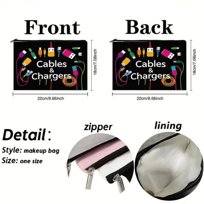 Black Tech Icon Cable Organizer Bag, Durable Foldable Travel Case for Power Banks & Cables