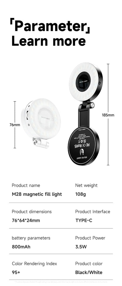 LED Selfie Fill Light for Magsafe Phone Adjustable Brightness Magsafe-Compatible Smartphone Vlog Photography Video Accessory