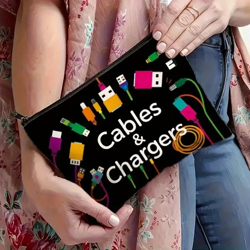 Black Tech Icon Cable Organizer Bag, Durable Foldable Travel Case for Power Banks & Cables
