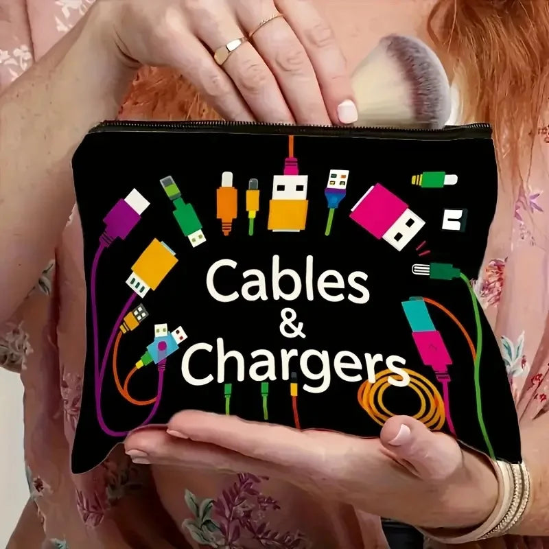 Black Tech Icon Cable Organizer Bag, Durable Foldable Travel Case for Power Banks & Cables